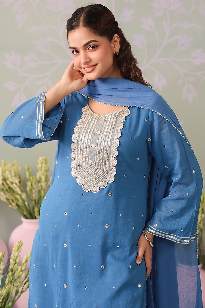 Blue Mulmul Mirror Embroidered Straight Kurta Set by Scakhi Luxe at Pernia's Pop Up Shop