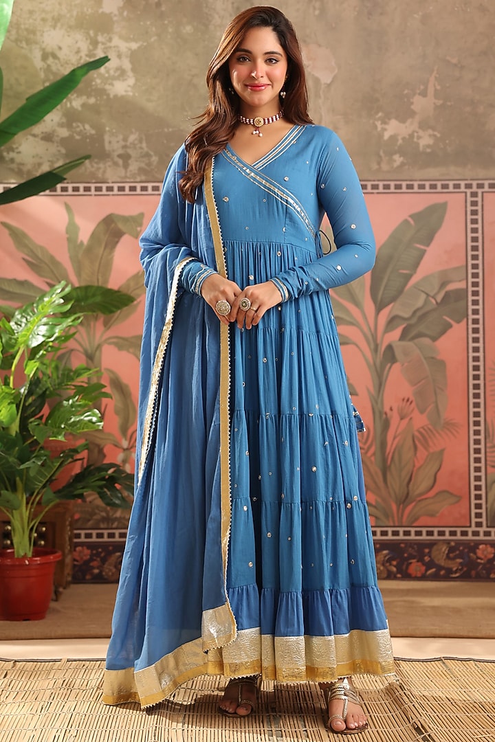 Blue Mulmul Zari Embroidered Anarkali Set by Scakhi Luxe at Pernia's Pop Up Shop