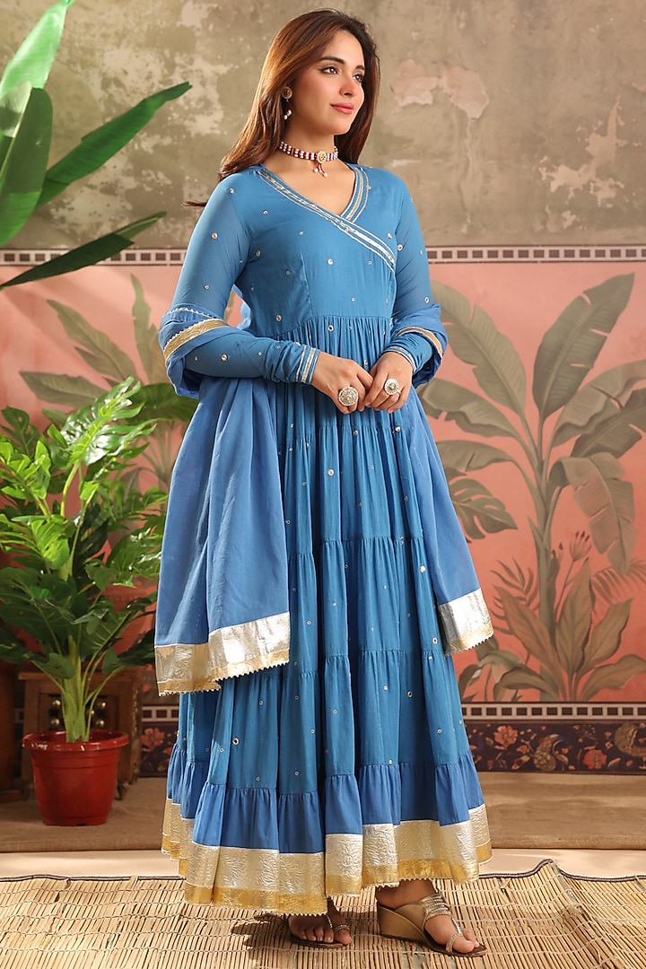 Blue Mulmul Zari Embroidered Anarkali Set by Scakhi Luxe at Pernia's Pop Up Shop
