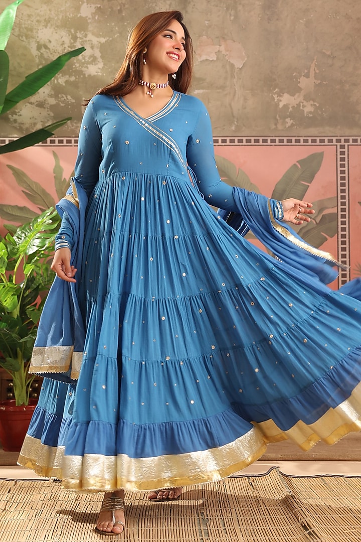 Blue Mulmul Zari Embroidered Anarkali Set by Scakhi Luxe at Pernia's Pop Up Shop