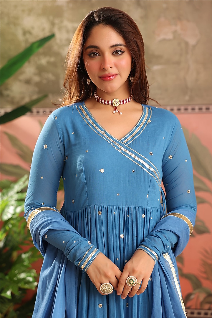 Blue Mulmul Zari Embroidered Anarkali Set by Scakhi Luxe at Pernia's Pop Up Shop