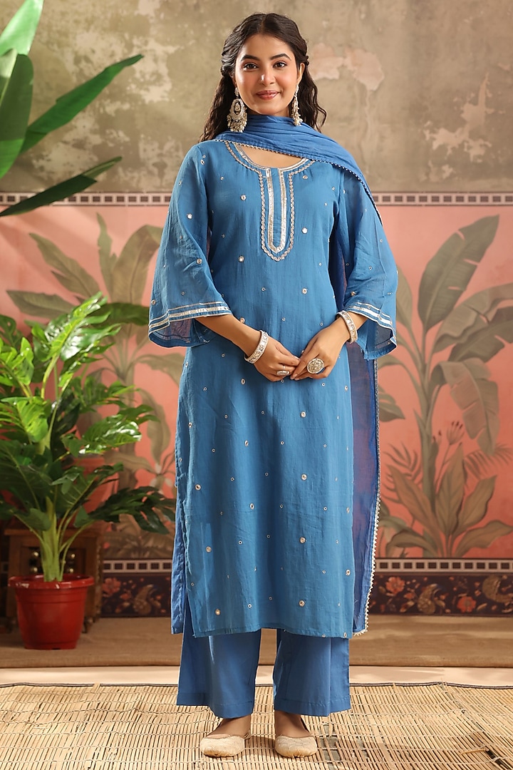Blue Mulmul Mirror Embroidered Kurta Set by Scakhi Luxe at Pernia's Pop Up Shop