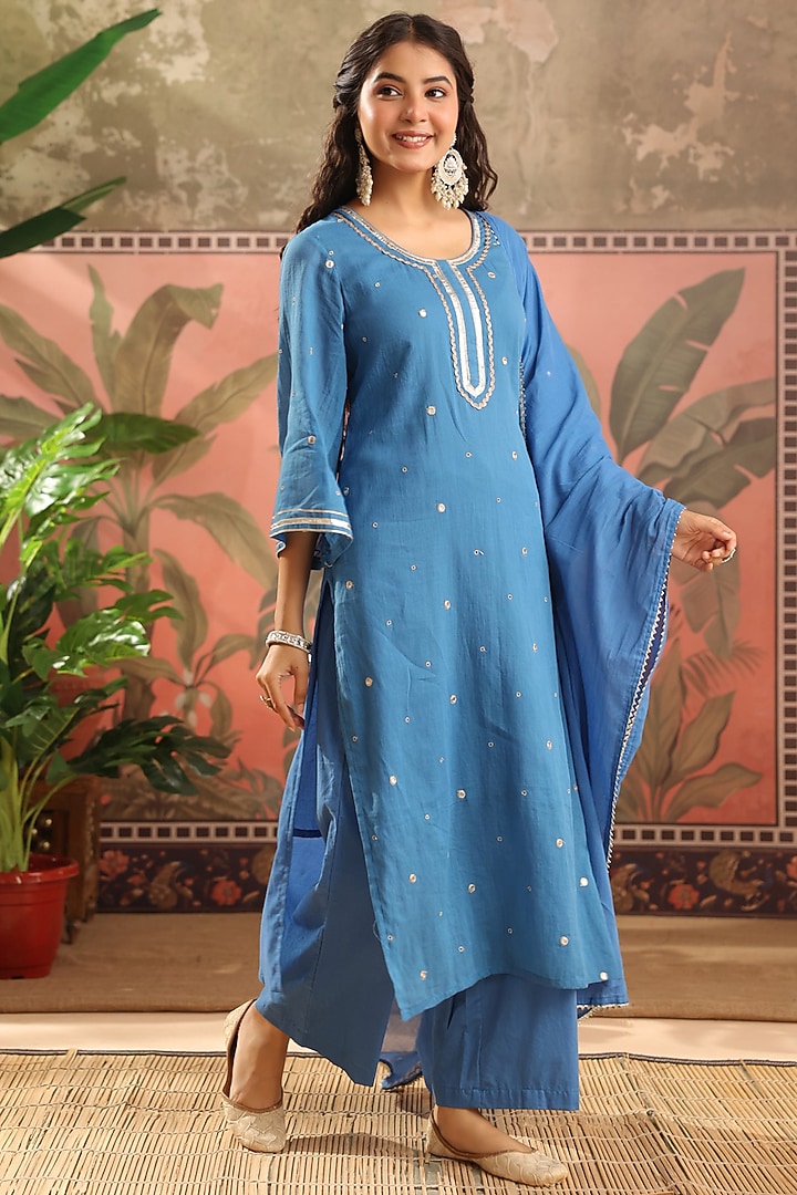 Blue Mulmul Mirror Embroidered Kurta Set by Scakhi Luxe at Pernia's Pop Up Shop