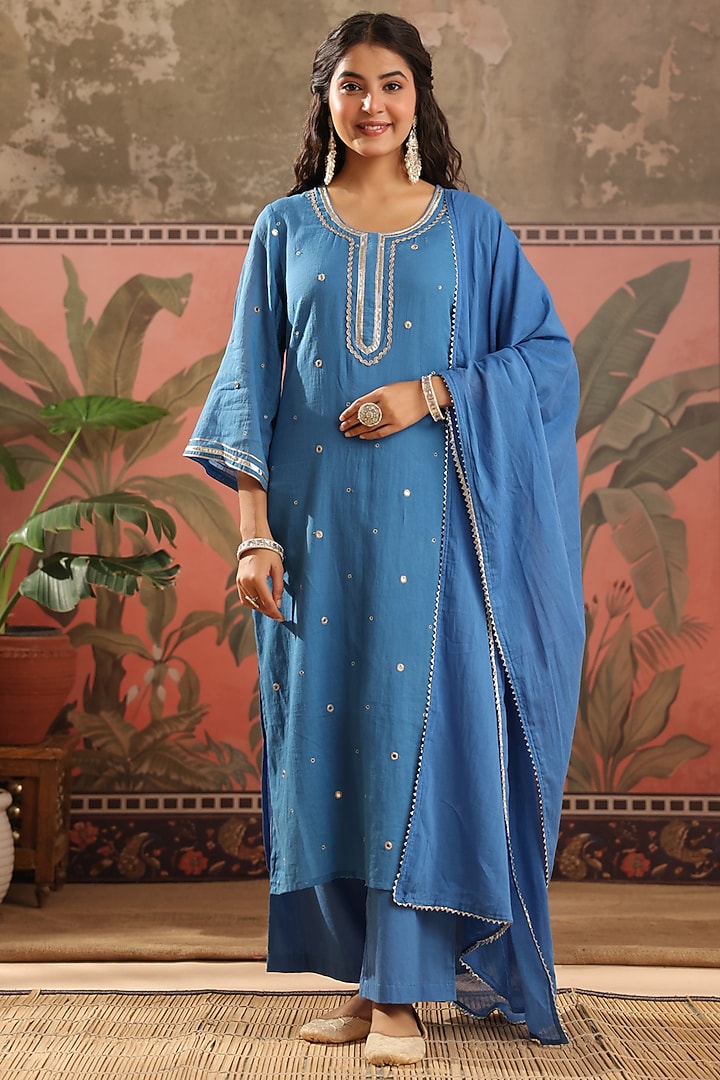 Blue Mulmul Mirror Embroidered Kurta Set by Scakhi Luxe at Pernia's Pop Up Shop