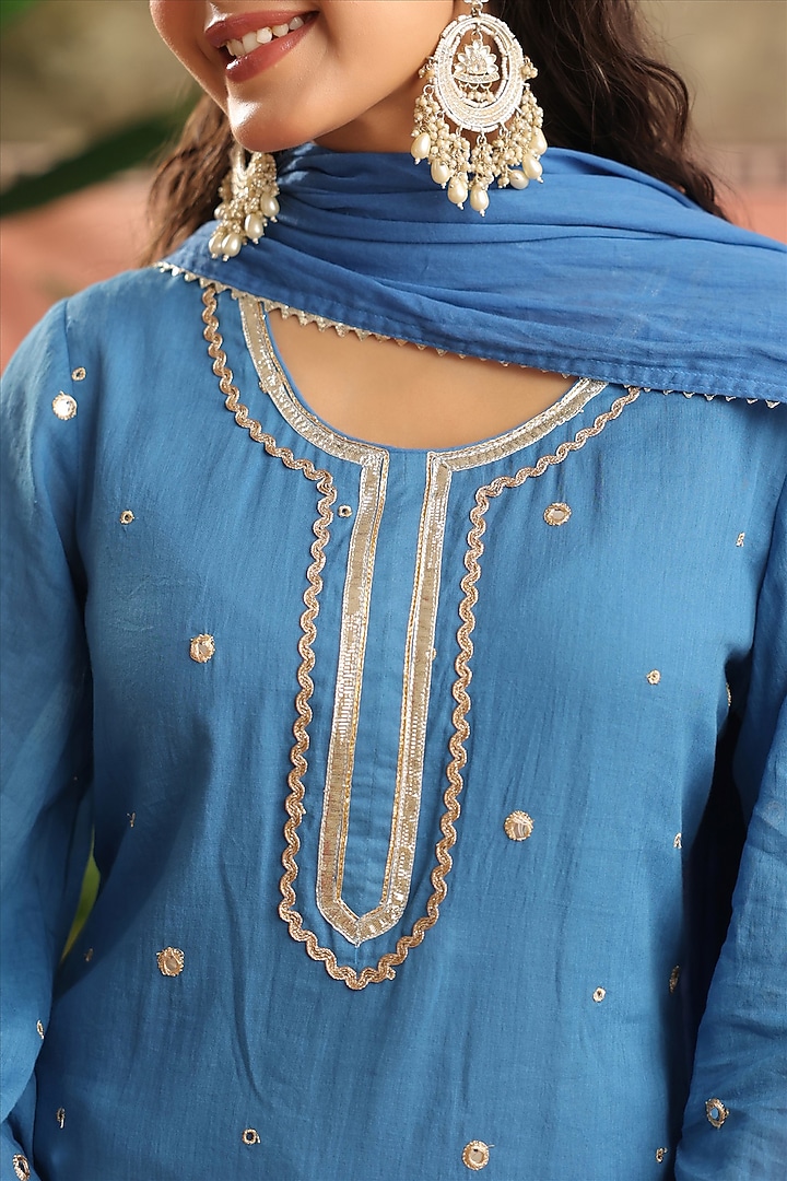 Blue Mulmul Mirror Embroidered Kurta Set by Scakhi Luxe at Pernia's Pop Up Shop