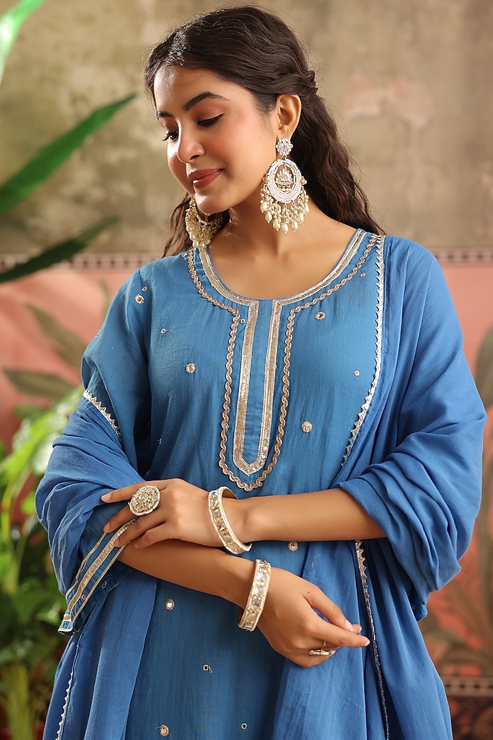 Blue Mulmul Mirror Embroidered Kurta Set by Scakhi Luxe at Pernia's Pop Up Shop