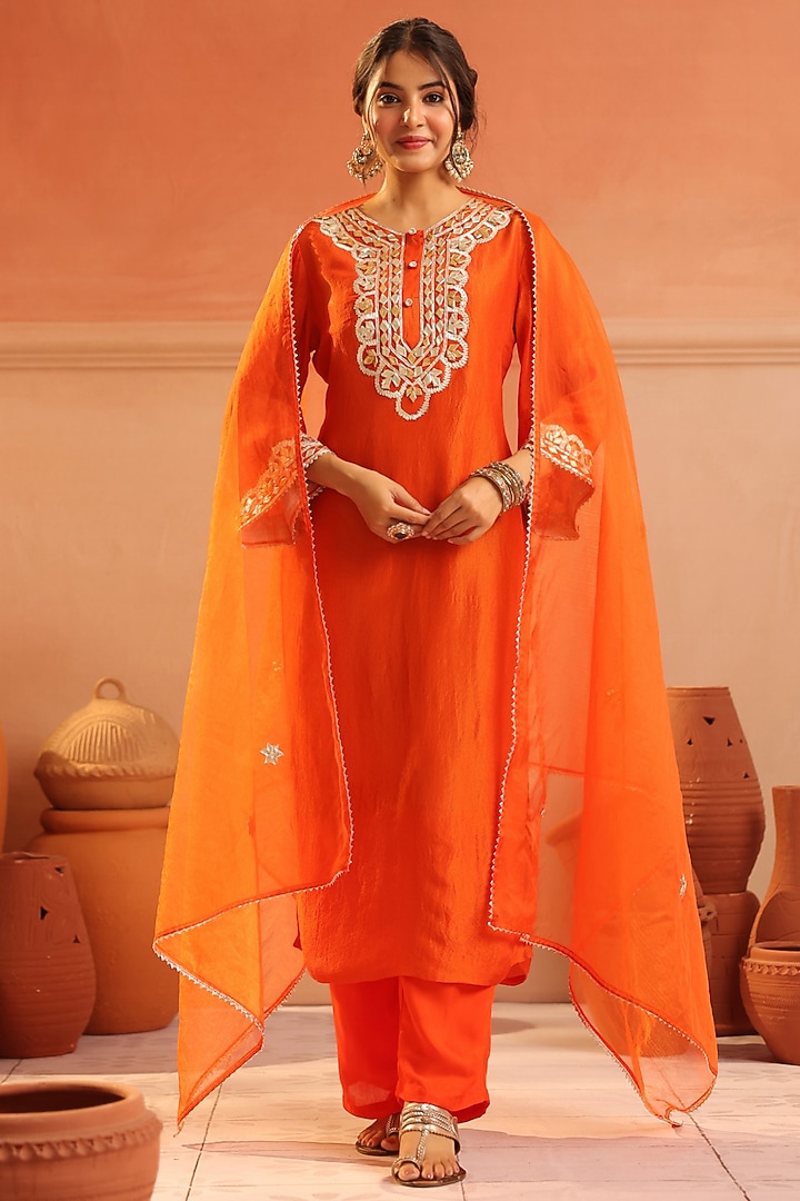 Rust Orange Shimmer Tissue Gota Patti Work Straight Kurta Set by Scakhi Luxe at Pernia's Pop Up Shop