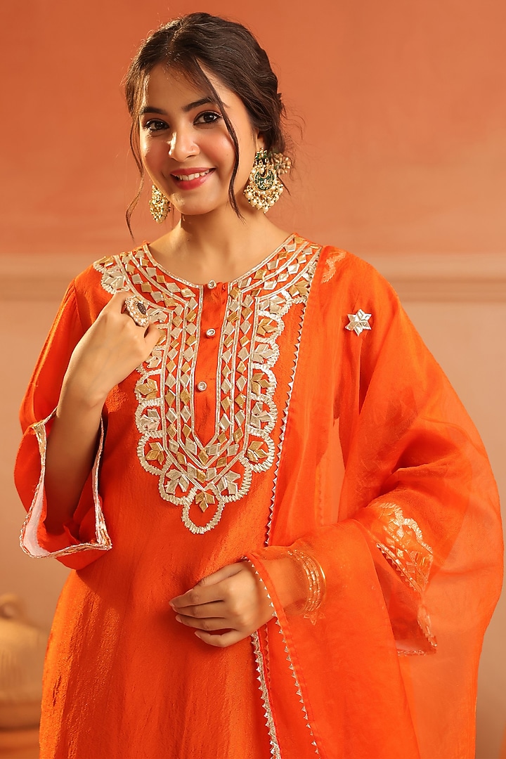 Rust Orange Shimmer Tissue Gota Patti Work Straight Kurta Set by Scakhi Luxe at Pernia's Pop Up Shop