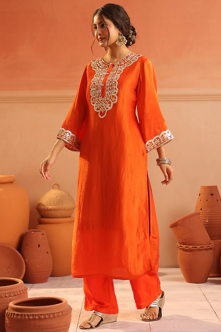 Rust Orange Shimmer Tissue Gota Patti Work Straight Kurta Set by Scakhi Luxe at Pernia's Pop Up Shop