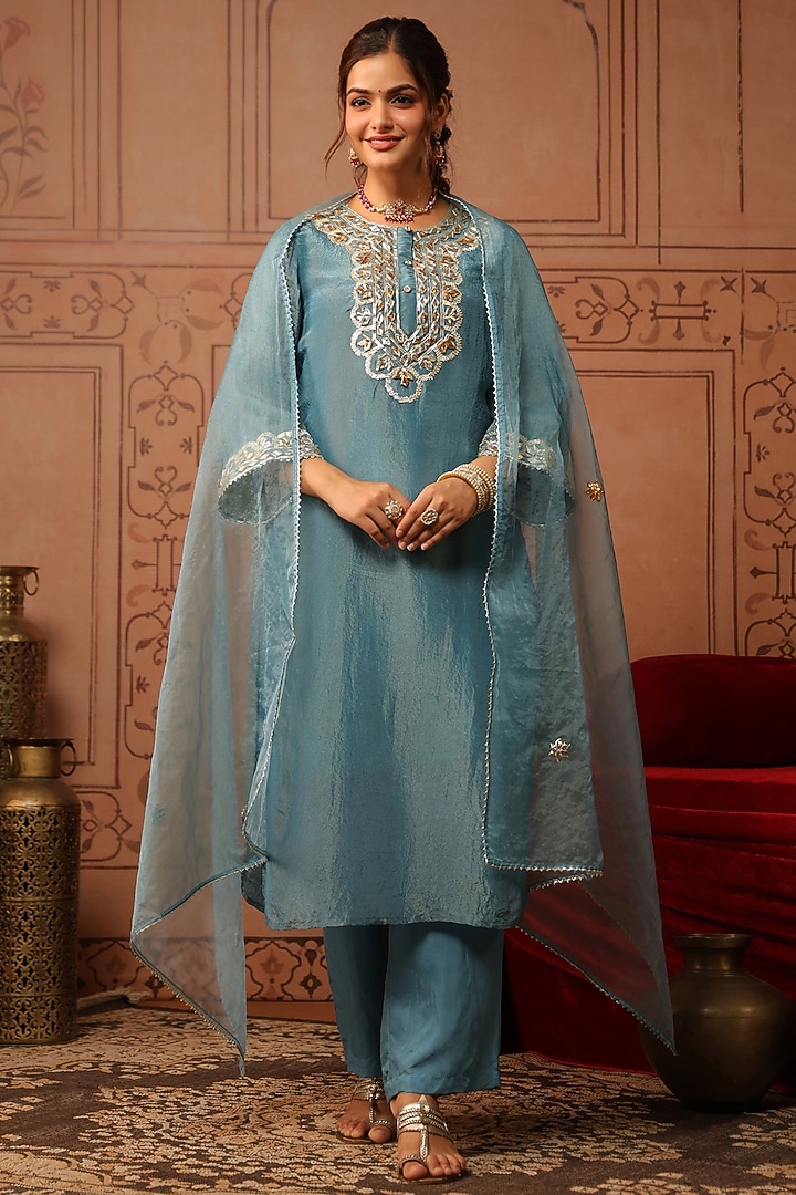 Teal Shimmer Tissue Gota Patti Work Straight Kurta Set by Scakhi Luxe at Pernia's Pop Up Shop