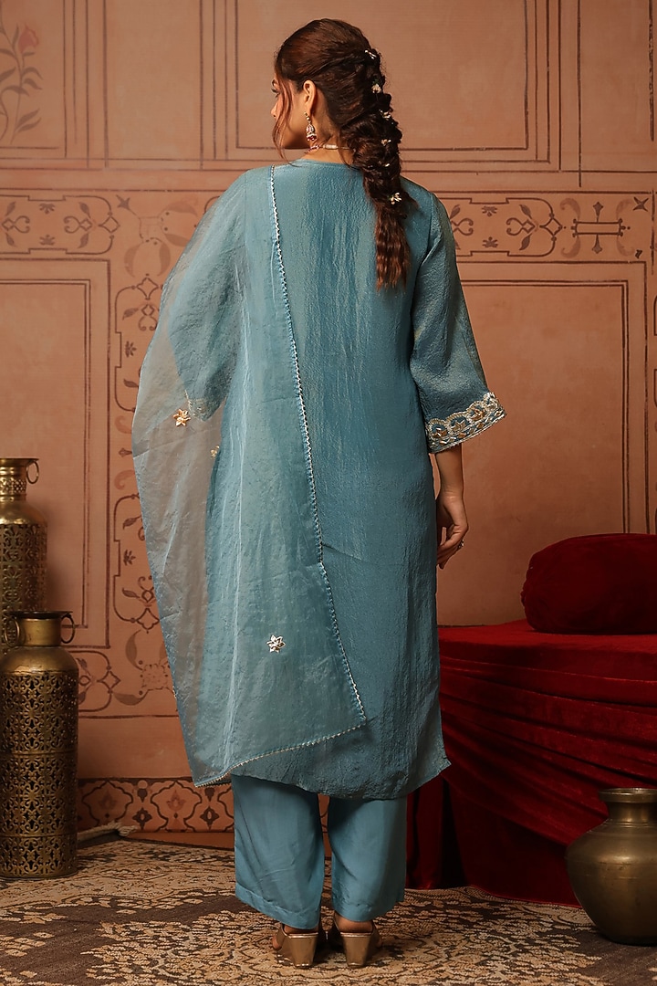 Teal Shimmer Tissue Gota Patti Work Straight Kurta Set by Scakhi Luxe at Pernia's Pop Up Shop