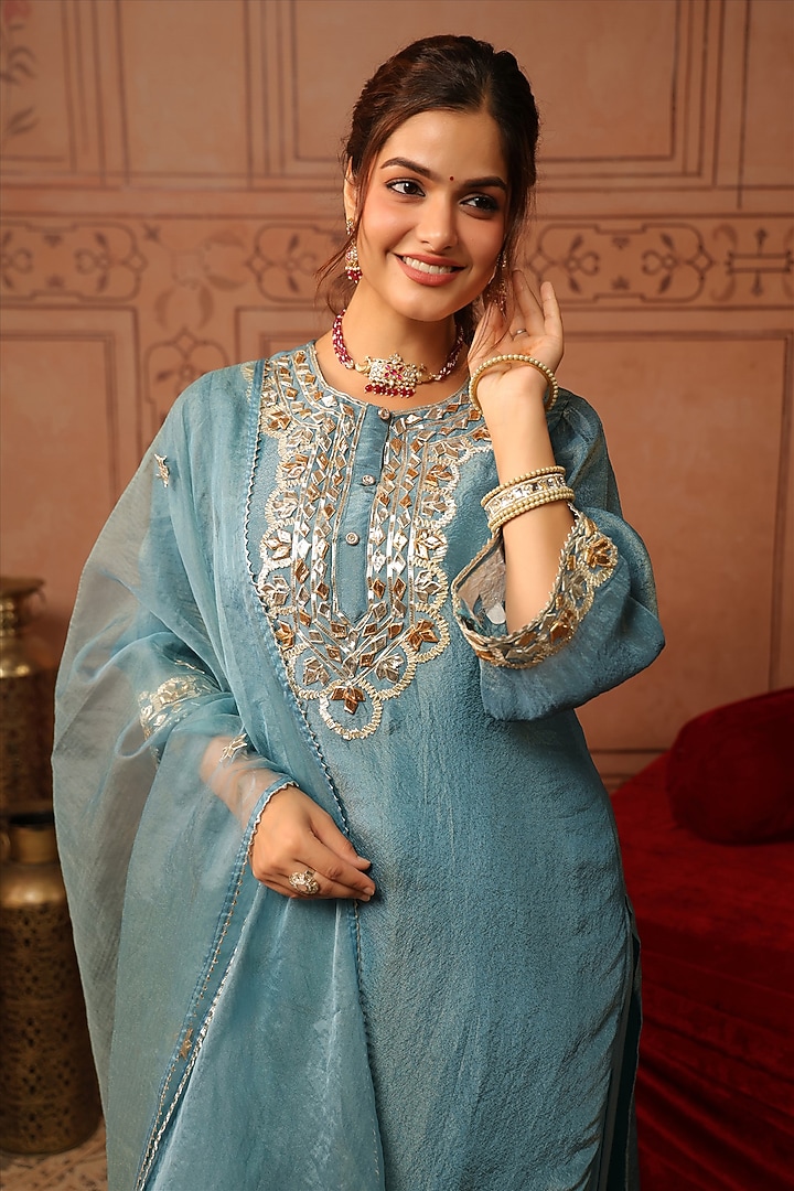 Teal Shimmer Tissue Gota Patti Work Straight Kurta Set by Scakhi Luxe at Pernia's Pop Up Shop