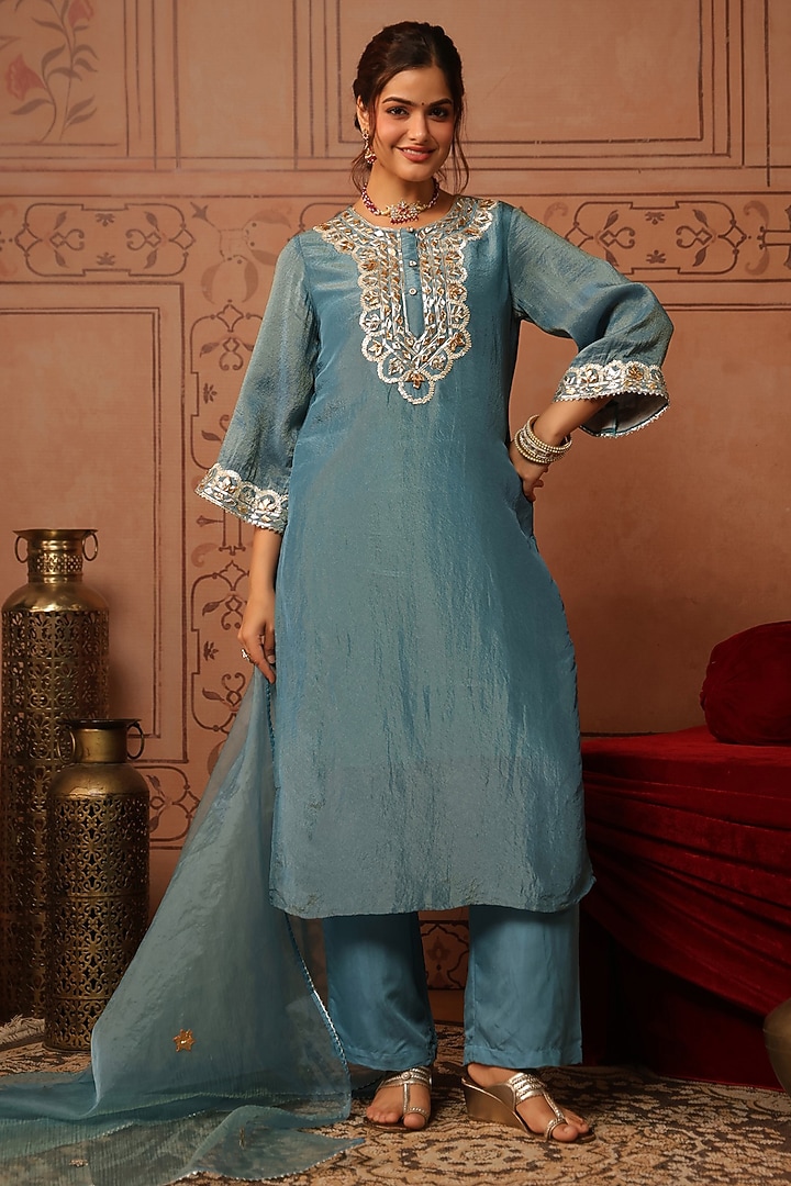 Teal Shimmer Tissue Gota Patti Work Straight Kurta Set by Scakhi Luxe at Pernia's Pop Up Shop