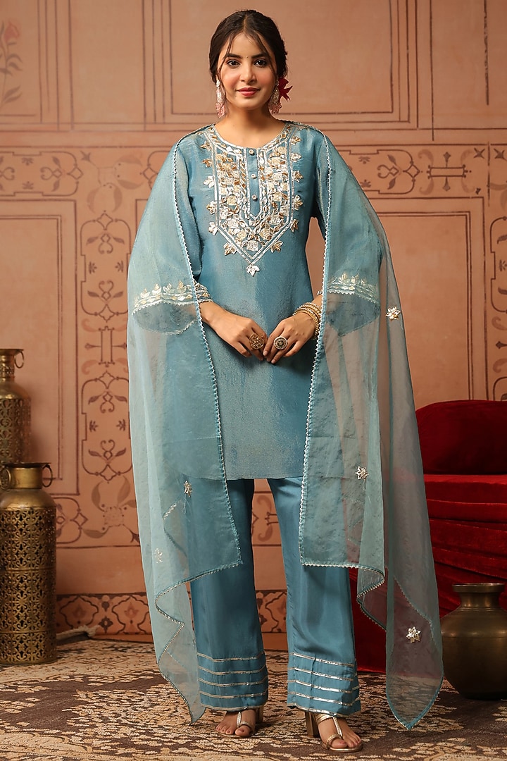 Teal Shimmer Tissue Floral Embroidered Kurta Set by Scakhi Luxe at Pernia's Pop Up Shop