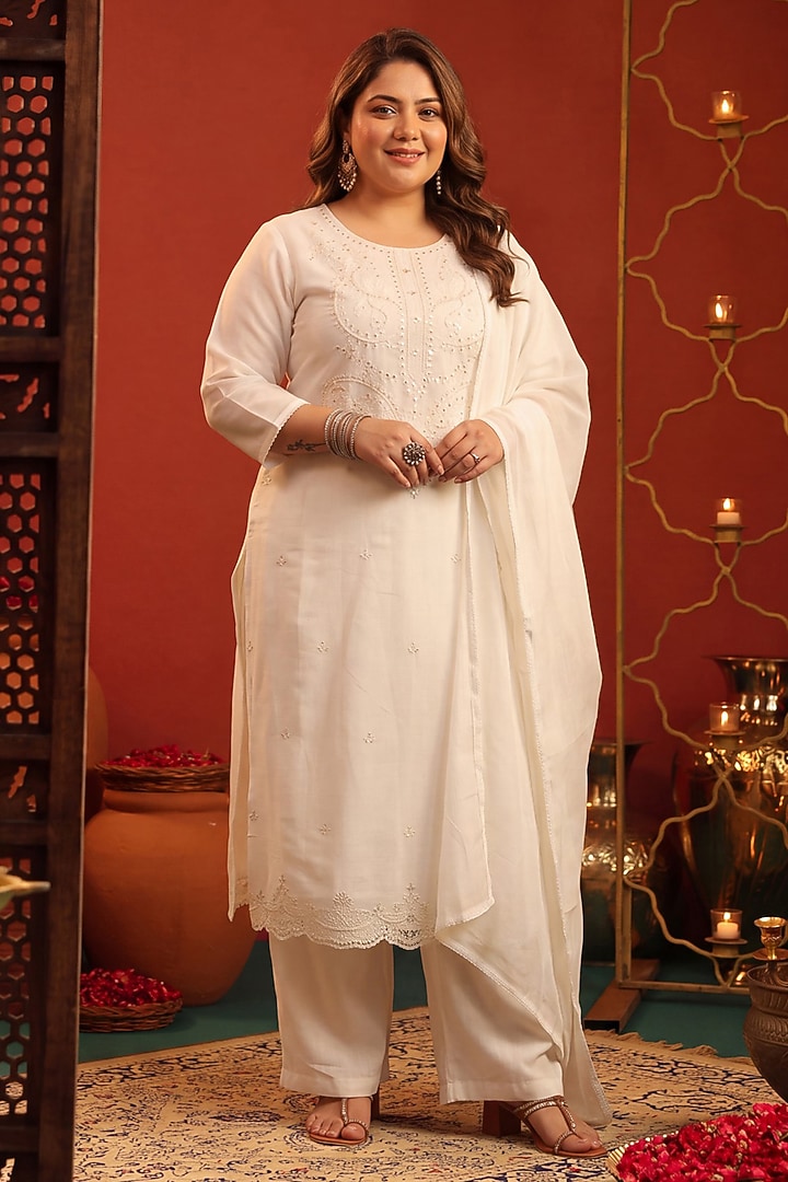 Ivory Coral Silk Bead Embroidered Kurta Set by Scakhi Luxe at Pernia's Pop Up Shop