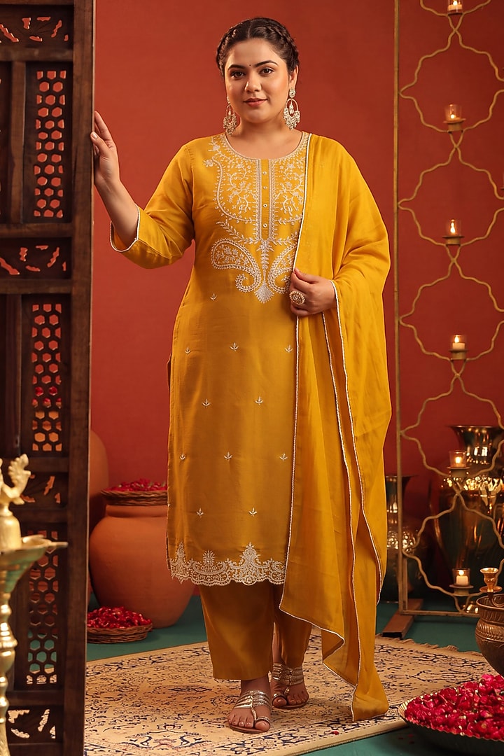 Mustard Coral Silk Bead Embroidered Kurta Set by Scakhi Luxe at Pernia's Pop Up Shop