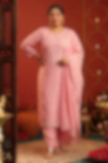 Pink Coral Silk Bead Embroidered Kurta Set by Scakhi Luxe at Pernia's Pop Up Shop