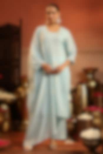 Aqua Blue Coral Silk Bead Embroidered Kurta Set by Scakhi Luxe at Pernia's Pop Up Shop