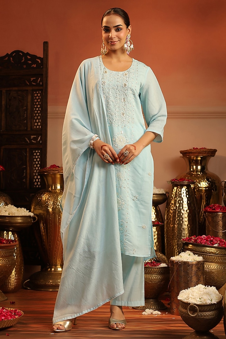 Aqua Blue Coral Silk Bead Embroidered Kurta Set by Scakhi Luxe at Pernia's Pop Up Shop