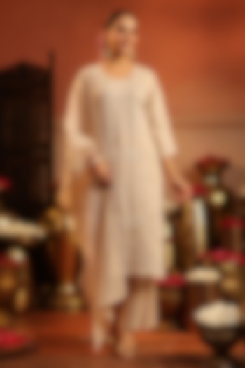 Beige Coral Silk Bead Embroidered Kurta Set by Scakhi Luxe at Pernia's Pop Up Shop