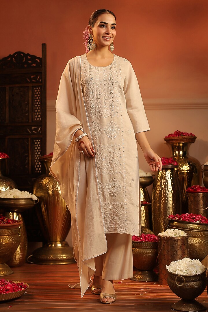 Beige Coral Silk Bead Embroidered Kurta Set by Scakhi Luxe at Pernia's Pop Up Shop