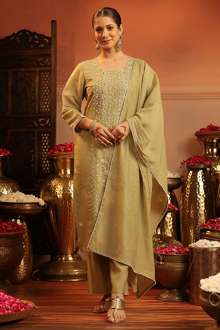 Green Coral Silk Bead Embroidered Kurta Set by Scakhi Luxe at Pernia's Pop Up Shop