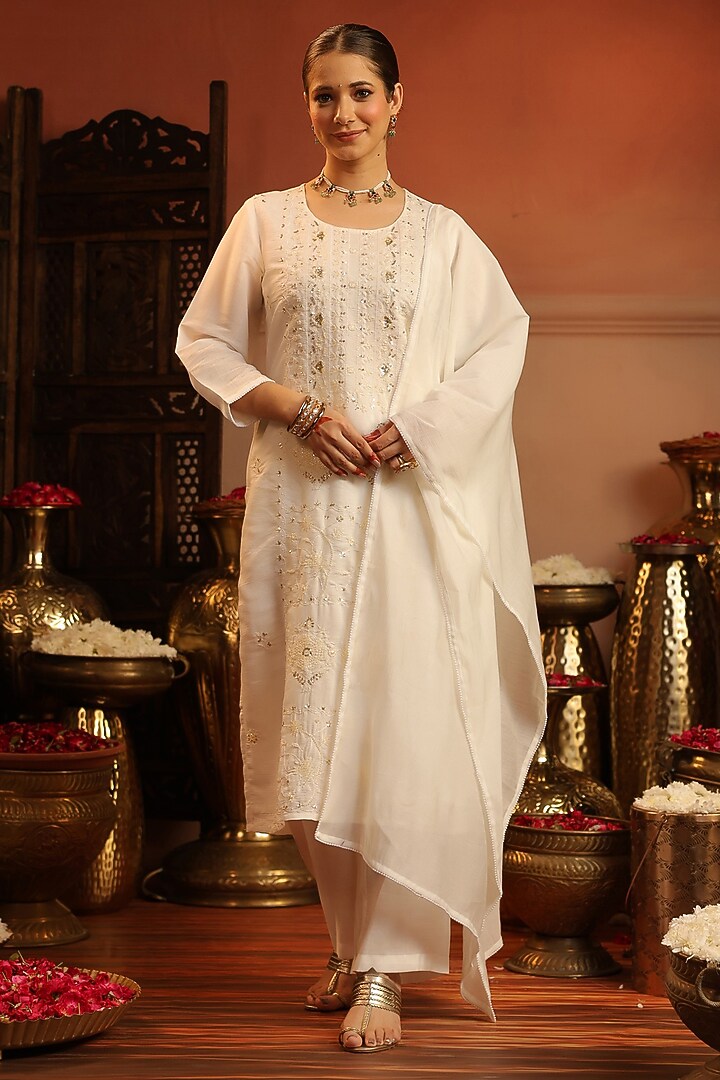 Ivory Coral Silk Bead Embroidered Kurta Set by Scakhi Luxe at Pernia's Pop Up Shop