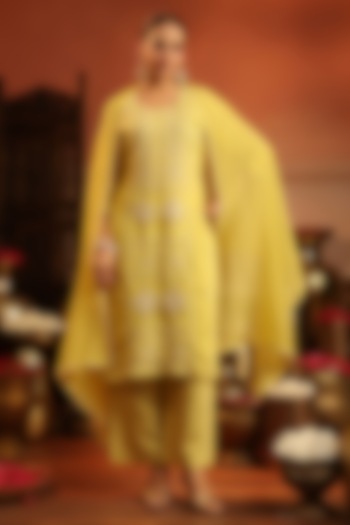 Lime Green Coral Silk Bead Embroidered Kurta Set by Scakhi Luxe at Pernia's Pop Up Shop