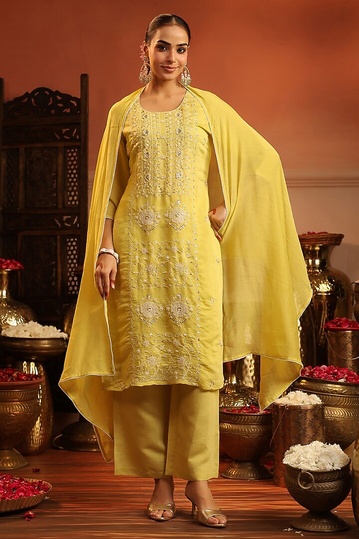 Lime Green Coral Silk Bead Embroidered Kurta Set by Scakhi Luxe at Pernia's Pop Up Shop