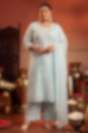 Aqua Blue Coral Silk Sequin Embroidered Kurta Set by Scakhi Luxe at Pernia's Pop Up Shop