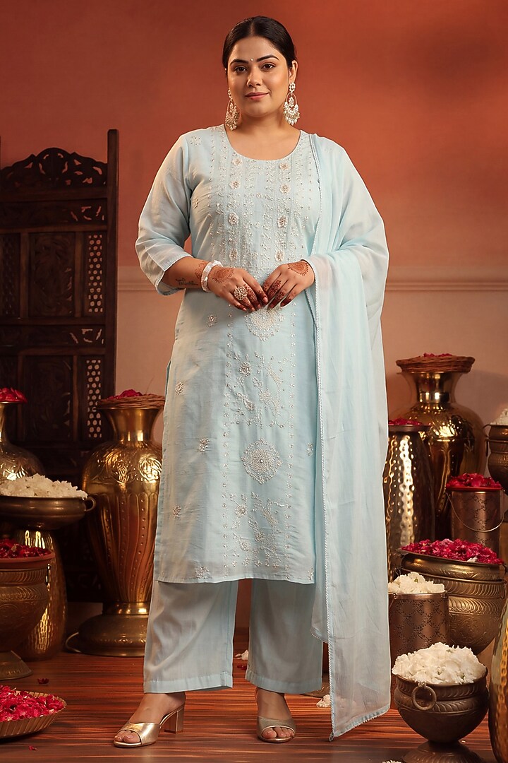 Aqua Blue Coral Silk Sequin Embroidered Kurta Set by Scakhi Luxe at Pernia's Pop Up Shop