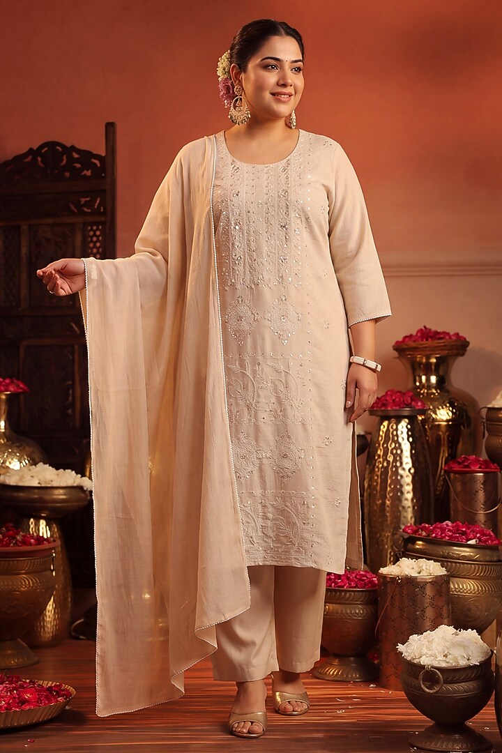 Beige Coral Silk Sequin Embroidered Kurta Set by Scakhi Luxe at Pernia's Pop Up Shop