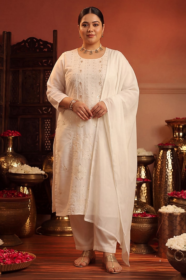Ivory Coral Silk Sequin Embroidered Kurta Set by Scakhi Luxe at Pernia's Pop Up Shop