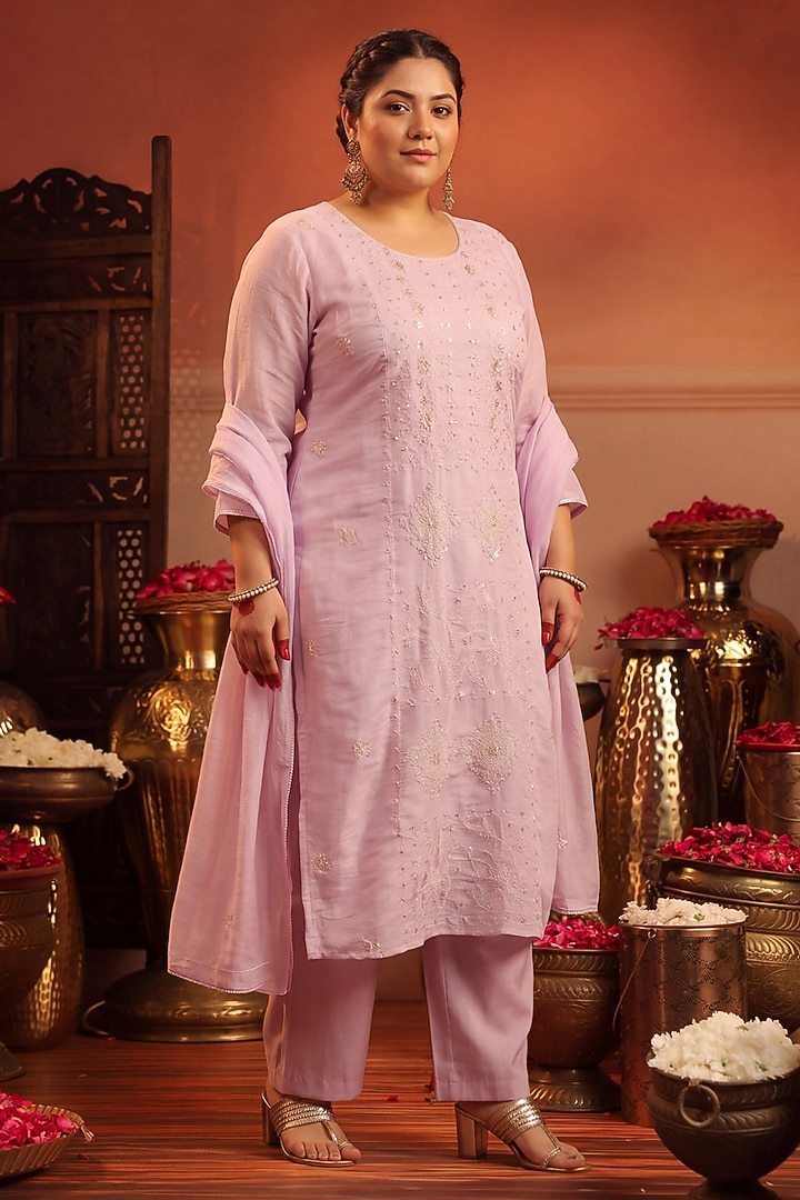Lavender Coral Silk Sequin Embroidered Kurta Set by Scakhi Luxe at Pernia's Pop Up Shop