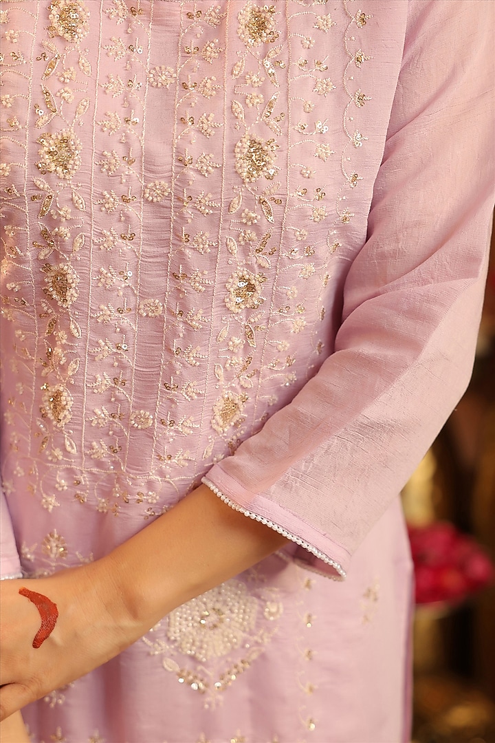 Lavender Coral Silk Sequin Embroidered Kurta Set by Scakhi Luxe at Pernia's Pop Up Shop