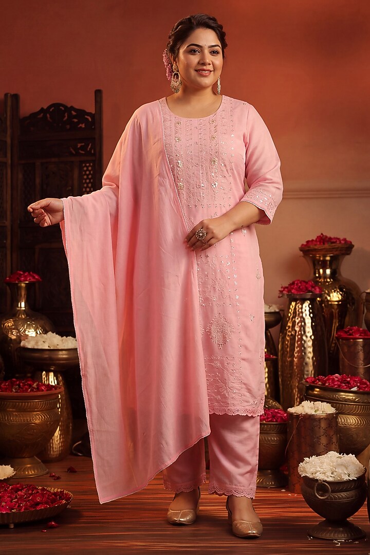 Pink Coral Silk Sequin Embroidered Kurta Set by Scakhi Luxe at Pernia's Pop Up Shop