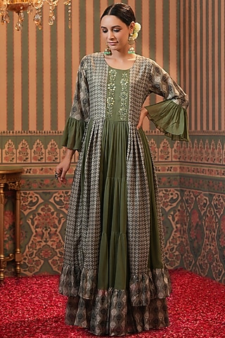 Mehendi Green Embellished Anarkali Kurta by Scakhi Luxe