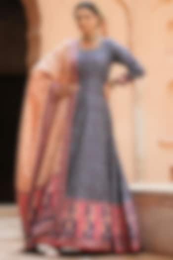 Navy Blue Printed Anarkali Set by Scakhi Luxe at Pernia's Pop Up Shop