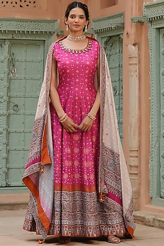 Pink Printed Anarkali Set by Scakhi Luxe