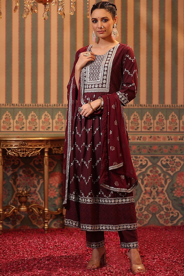 Wine Embroidered Kurta Set by Scakhi