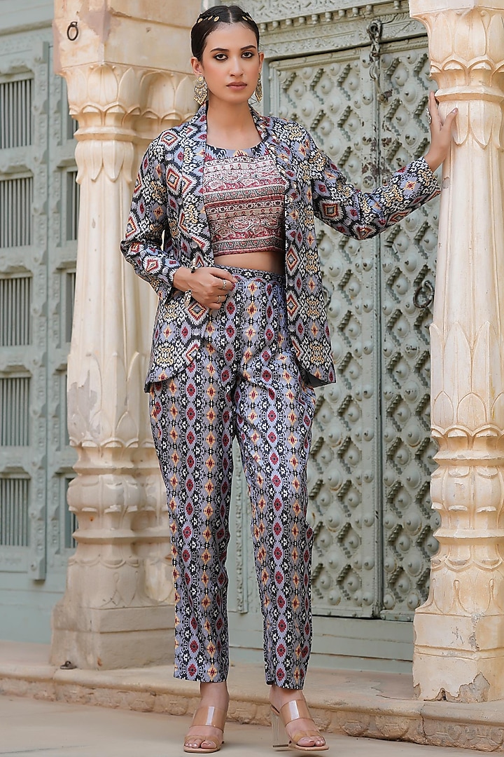 Grey Ikat Printed Jacket Set by Scakhi