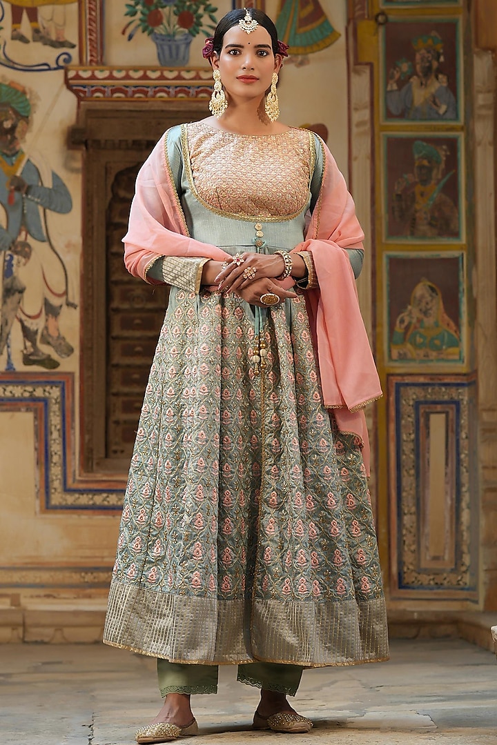 Teal Embroidered Anarkali Set by Scakhi