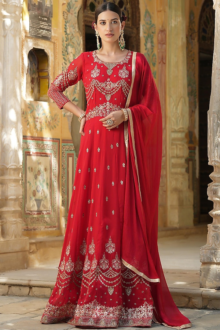 Red Embroidered Anarkali Set by Scakhi