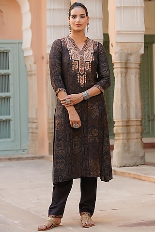 Dark Brown Embroidered Kurta Set by Scakhi Luxe