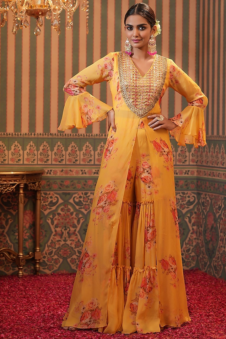 Yellow Printed Sharara Set by Scakhi