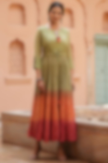 Green Cotton Dobby Anarkali Dress by Scakhi