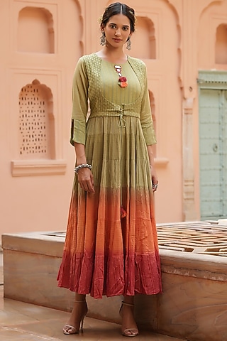 Green Cotton Dobby Tie-Dye Anarkali Dress by Scakhi Luxe