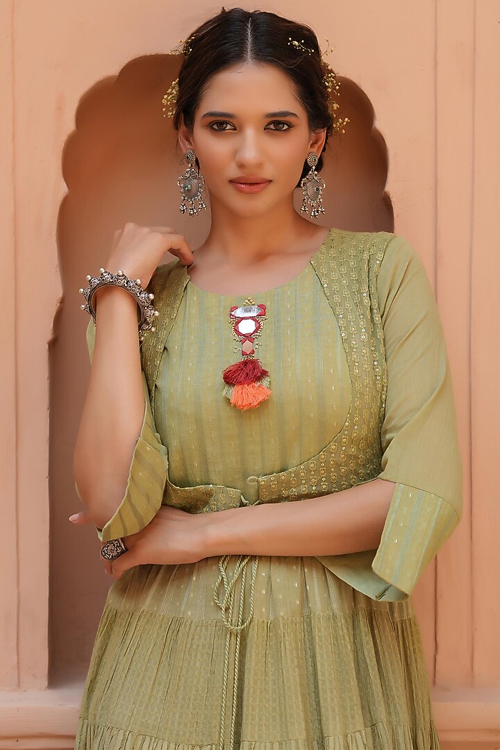 Green Cotton Dobby Tie-Dye Anarkali Summer Dress by Scakhi Luxe at Pernia's Pop Up Shop