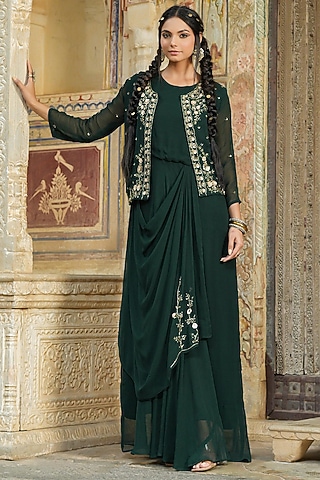 Green Embellished Jacket Dress by Scakhi Luxe