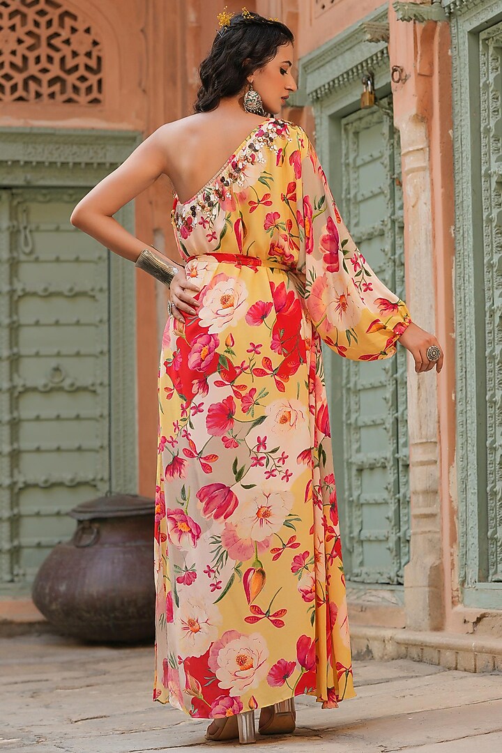 Yellow Viscose Crepe Embellished Gown by Scakhi Luxe at Pernia's Pop Up Shop